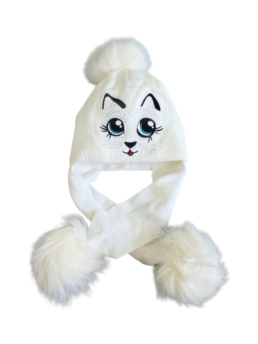 Toddler Girls White Cat Winter Hat Faux Fur Pom Pom Ear Flaps Rhinestones